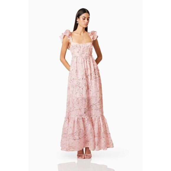 ELLIATT REGINA PINK 3D FLOWER & SEQUIN EMBELLISHED RUFFLE MAXI DRESS SiZE S NWT - Picture 1 of 7